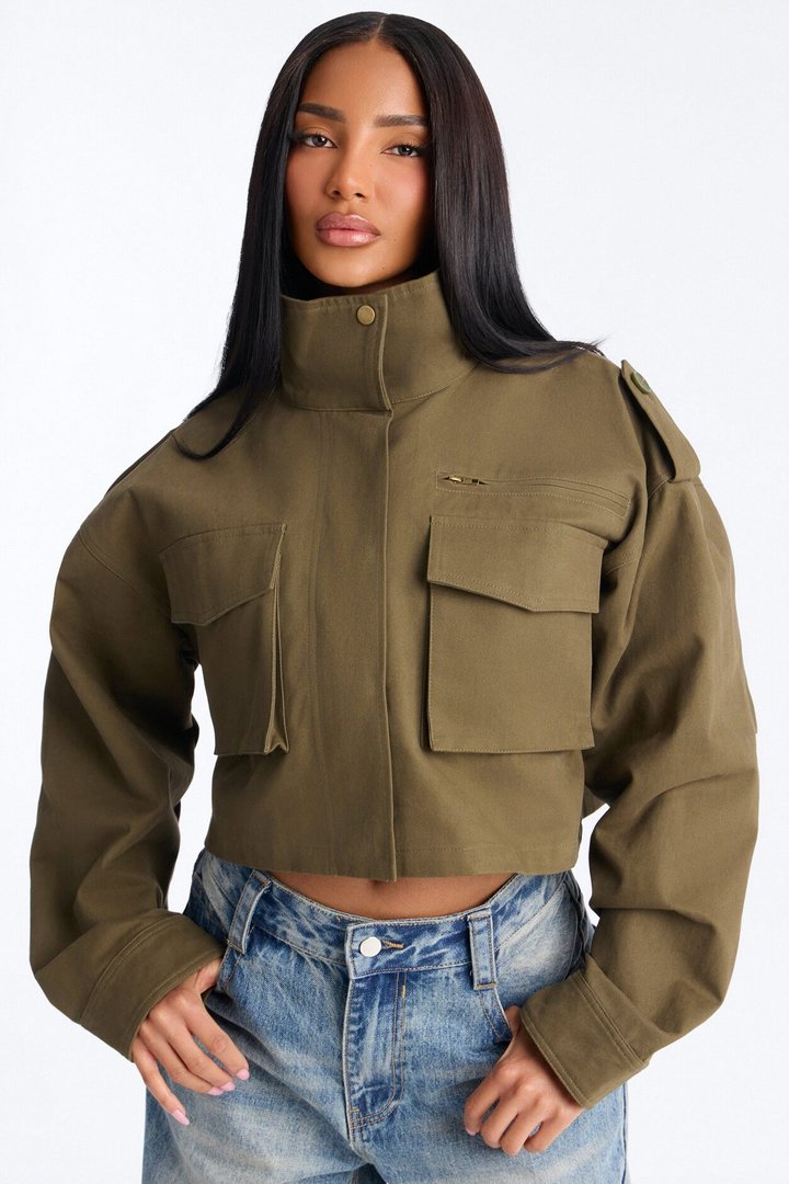 Mission Accomplished Cropped Funnel Neck Utility Jacket - Olive