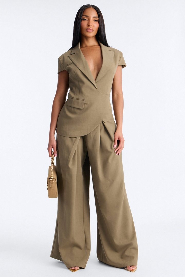 Tiana Pleated Wrap Waist Wide Leg Trouser - Caffe