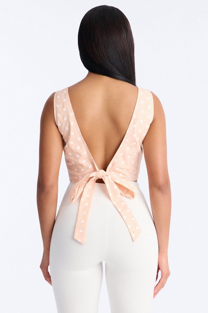 On The Cute Side Polka Dot Cropped Linen Top - Peach/combo