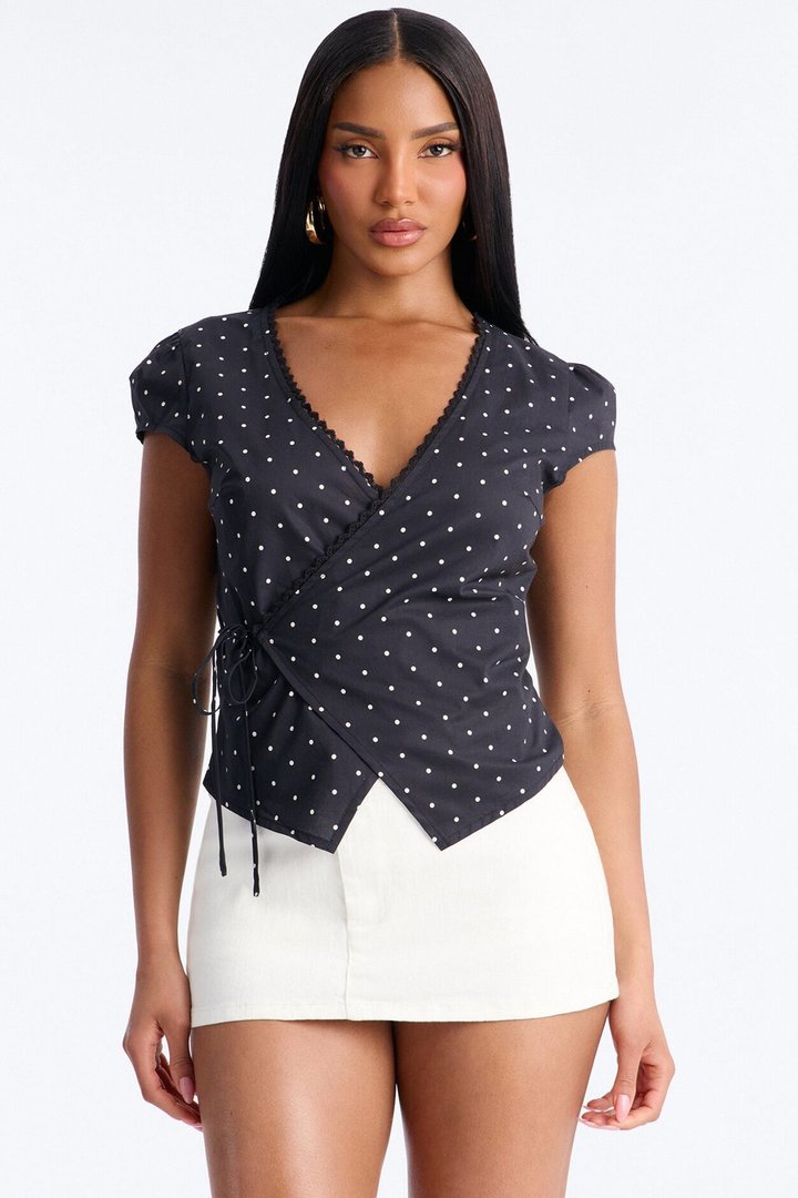 Adeline Surplice Neck Polka Dot Top - Black/combo