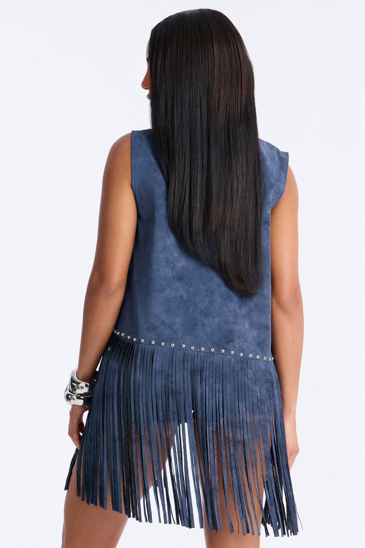 Wild Card Faux Suede Studded Fringe Vest Short Set - Blue