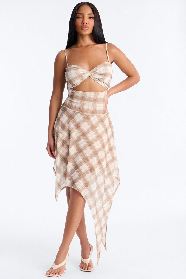 Preppy Plaid Mesh Cutie Midi Dress - Taupe/combo