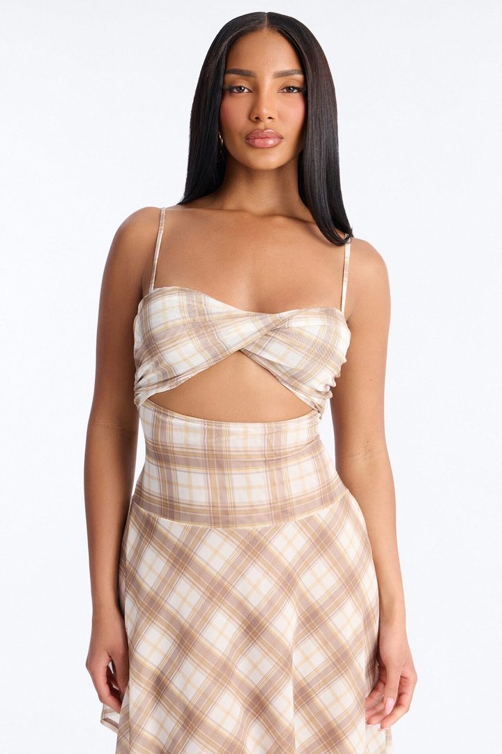 Preppy Plaid Mesh Cutie Midi Dress - Taupe/combo