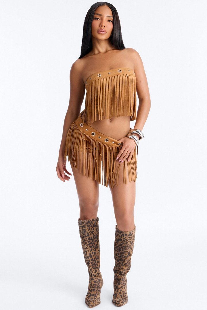 See My Swag Faux Suede Fringe Short Set - Cognac