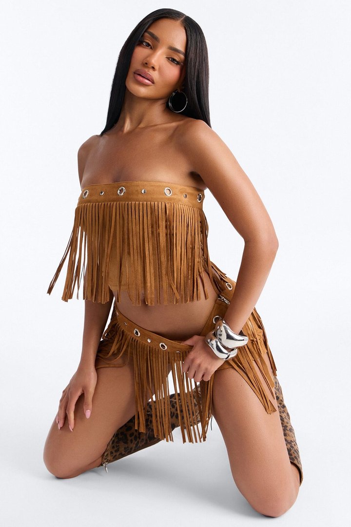 See My Swag Faux Suede Fringe Short Set - Cognac