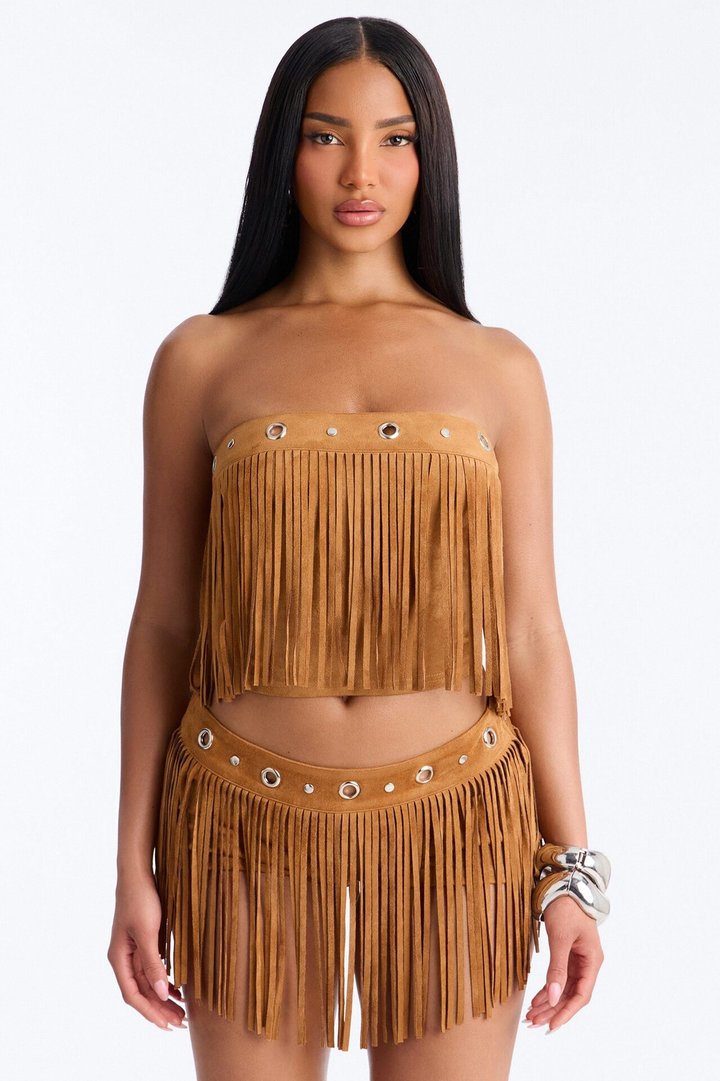 See My Swag Faux Suede Fringe Short Set - Cognac