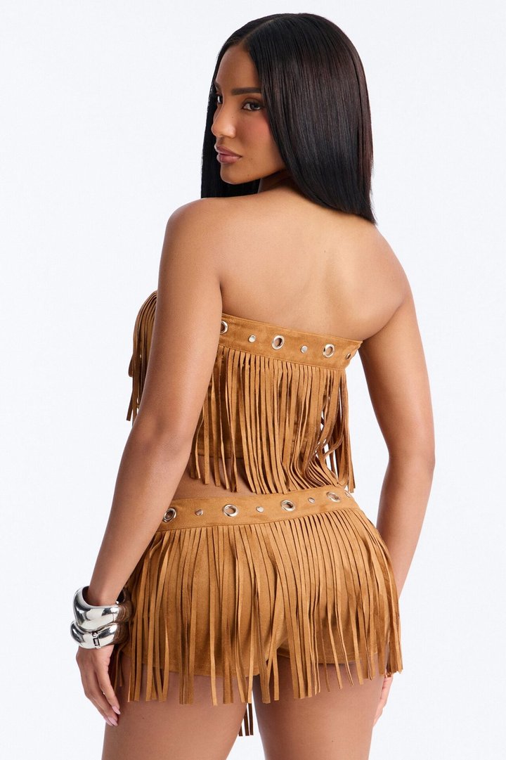 See My Swag Faux Suede Fringe Short Set - Cognac