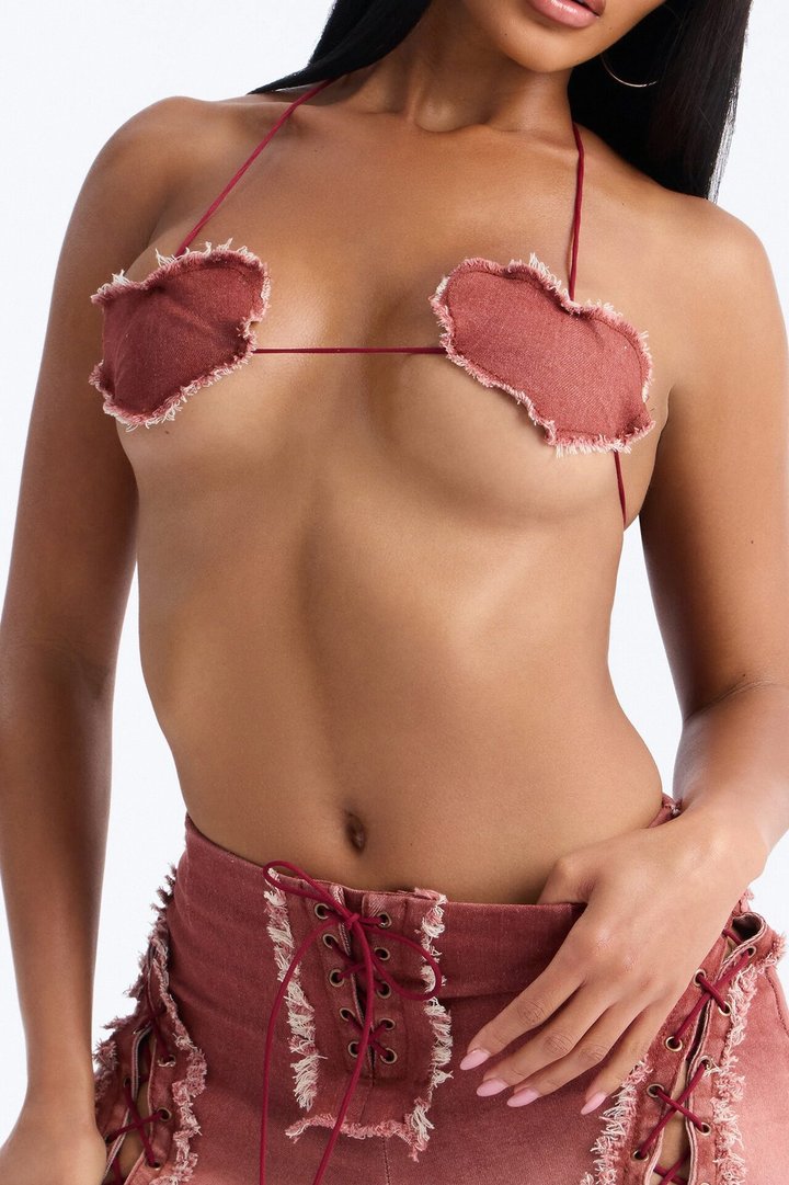Desert Diva Lace Up Denim Capri Set - Burgundy