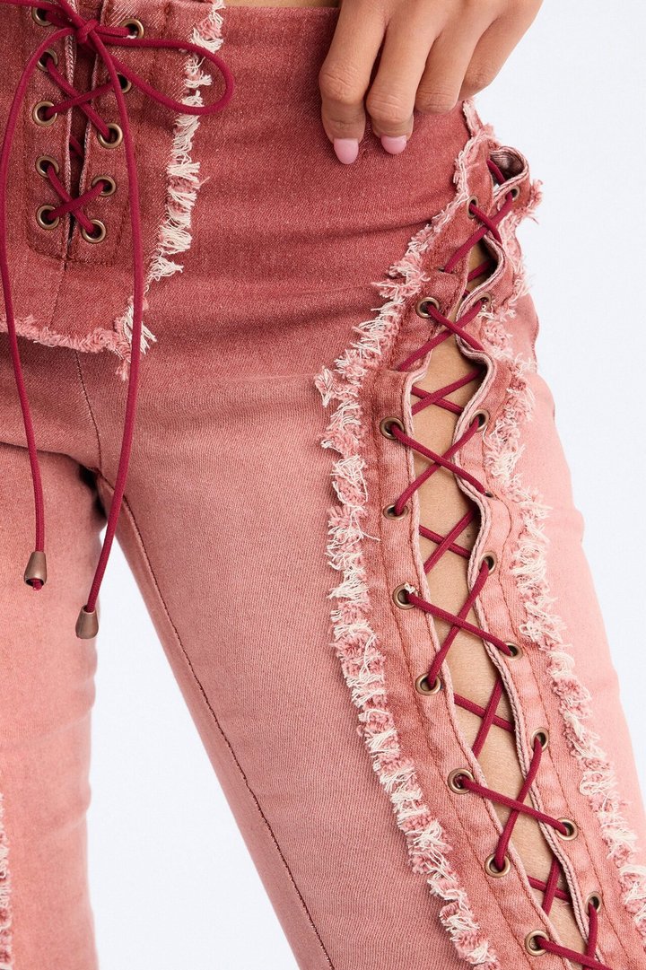 Desert Diva Lace Up Denim Capri Set - Burgundy