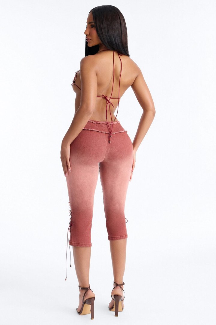Desert Diva Lace Up Denim Capri Set - Burgundy