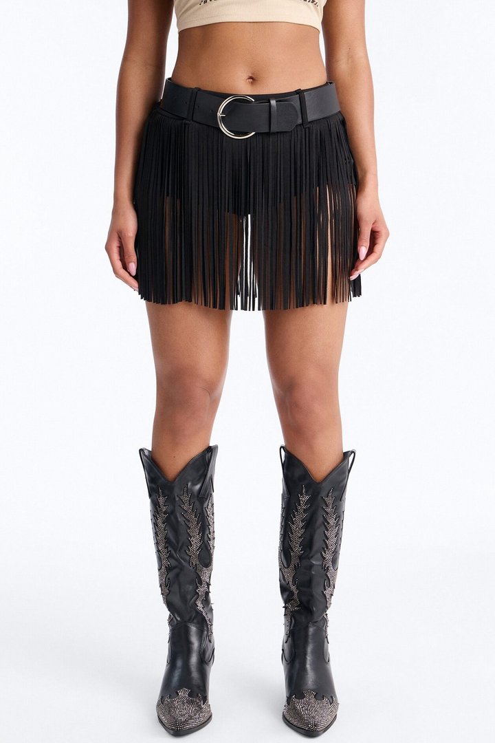 Smokeshow Belted Fringe Hot Short - Black