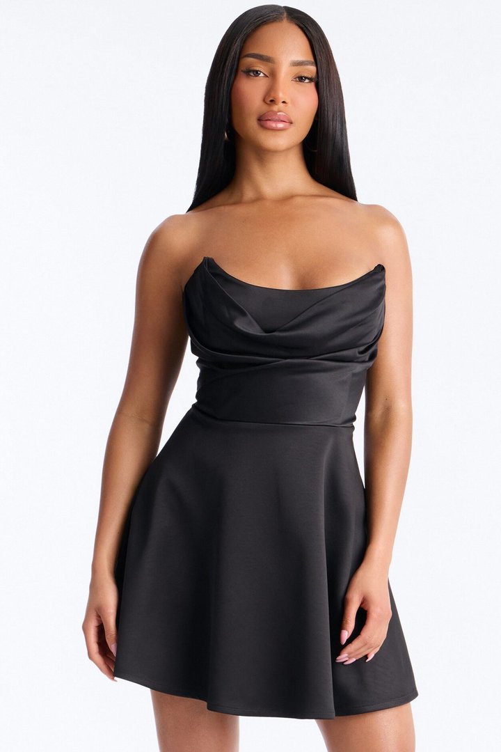 Playful Satin Strapless Mini Dress - Black