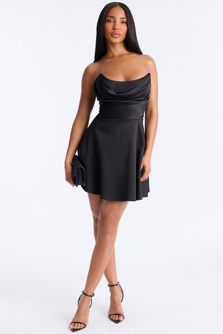 Playful Satin Strapless Mini Dress - Black