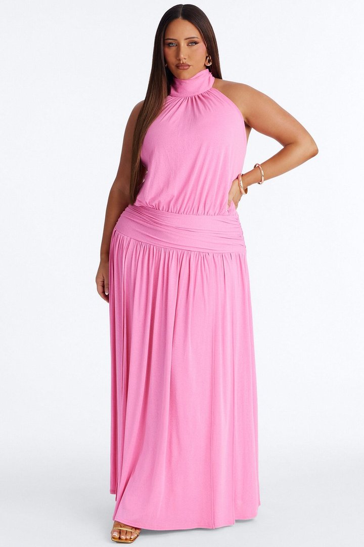 Bianca Halter Mock Neck Maxi Dress - Pink