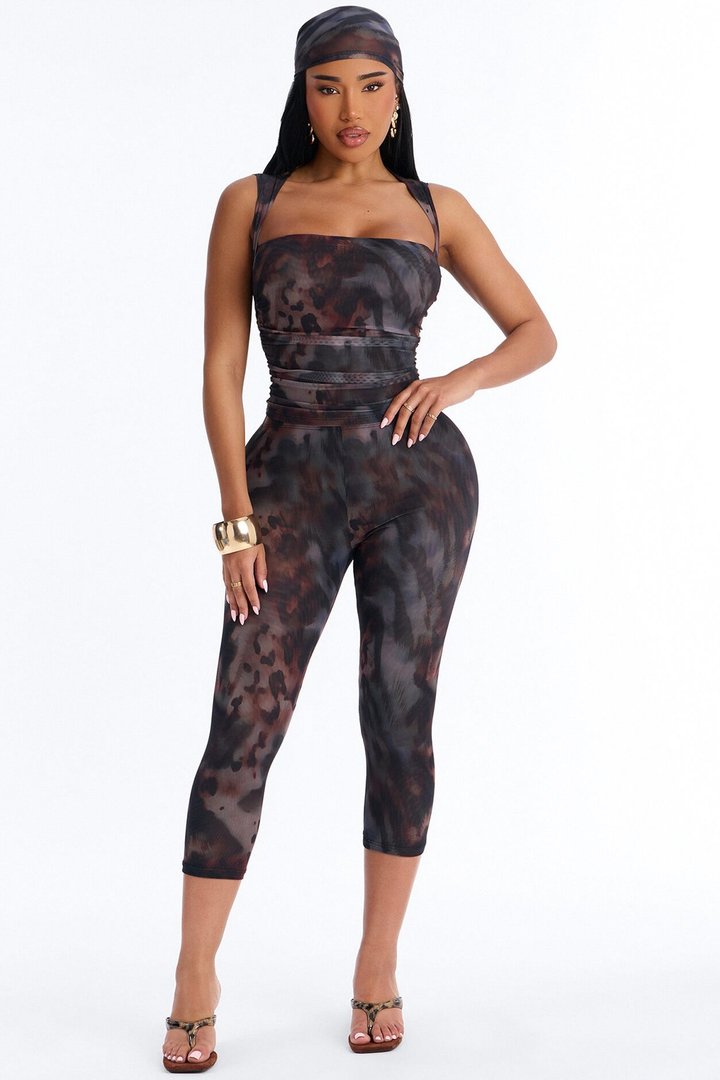 Control The Urge Animal Mesh 3 Piece Capri Set - Brown/combo
