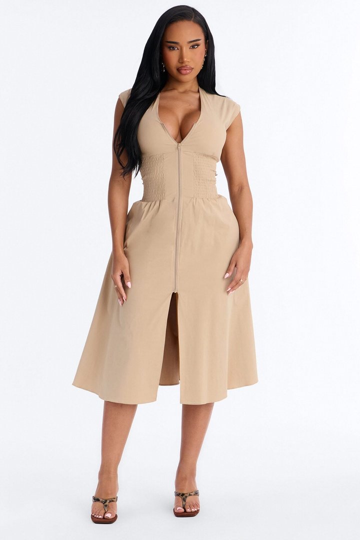 Too Busy Cinched Waist Midi Dress - Taupe