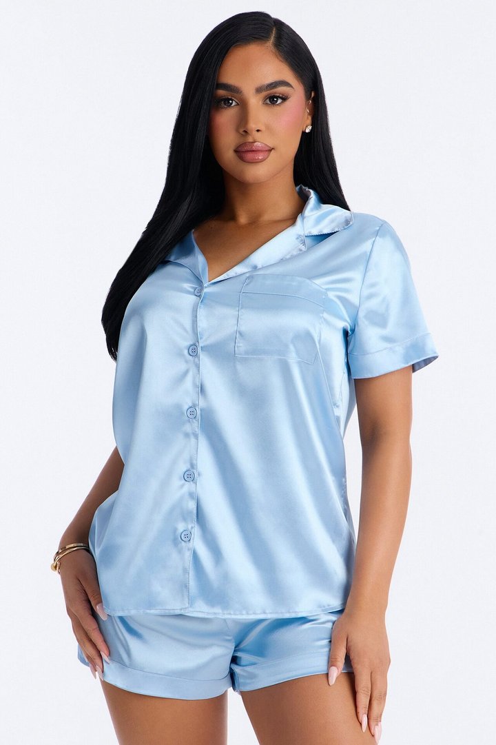 Pillow Fight Stretch Satin PJ Short Set - Light Blue