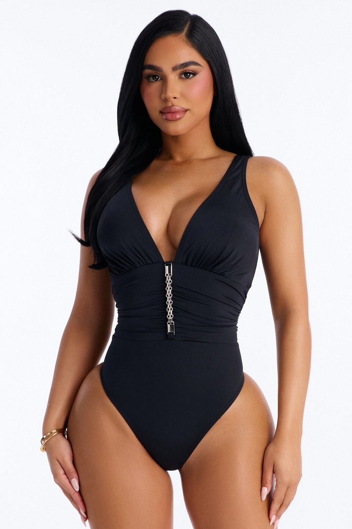 Shore Walks Ruching Hardware 1 Piece Swimsuit - Black