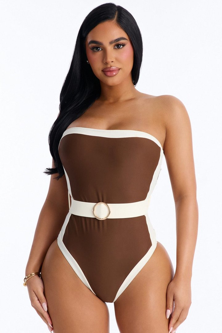 Sunny Days Colorblock Hardware Strapless 1 Piece Swimsuit - Brown/combo