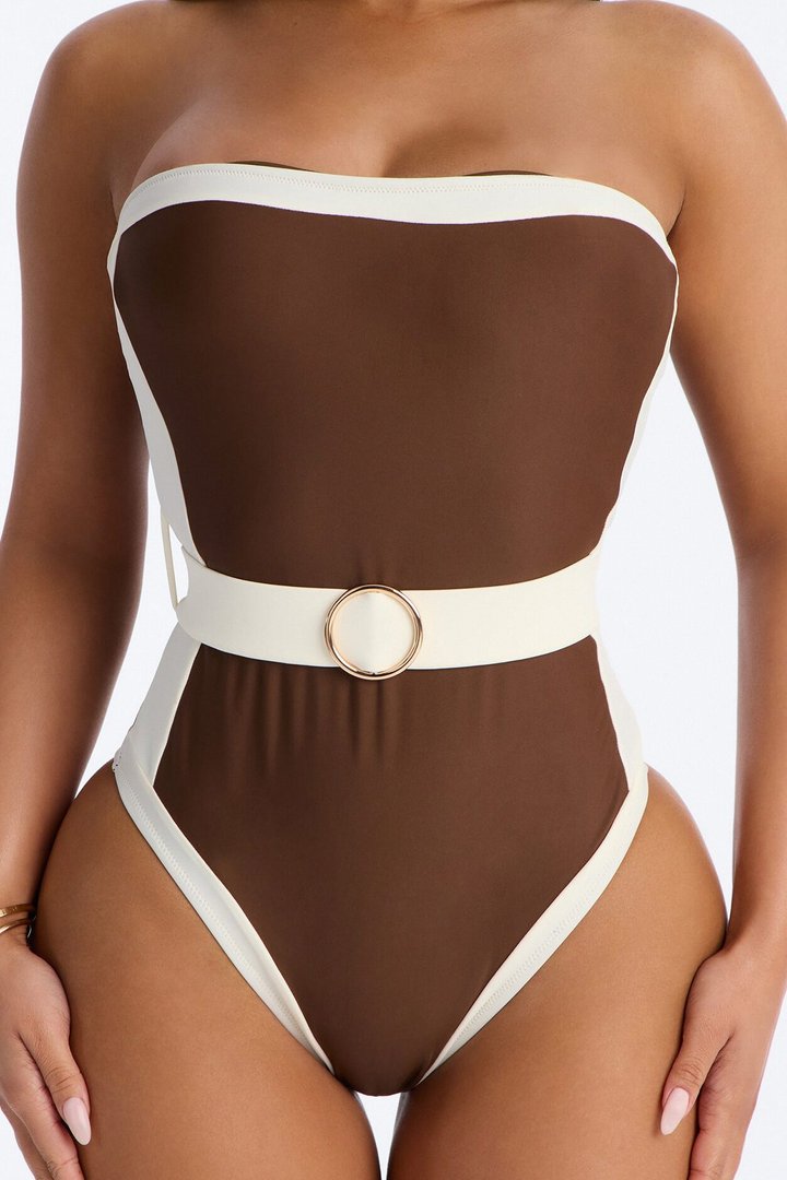 Sunny Days Colorblock Hardware Strapless 1 Piece Swimsuit - Brown/combo