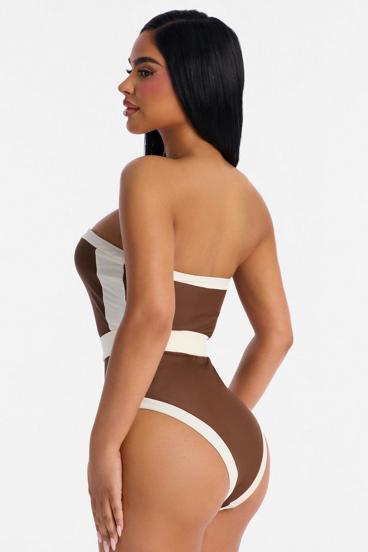 Sunny Days Colorblock Hardware Strapless 1 Piece Swimsuit - Brown/combo