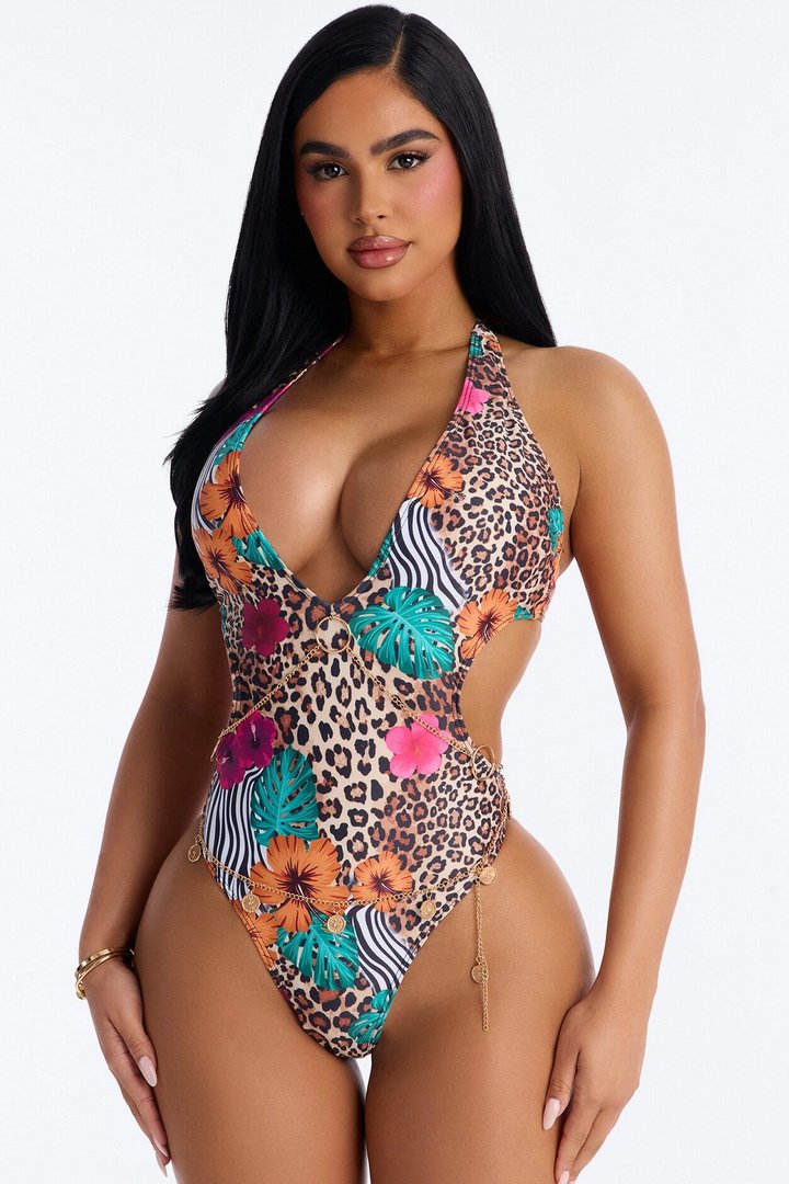 Kira Floral Leopard Scoop 1 Piece Swimsuit - Brown/combo