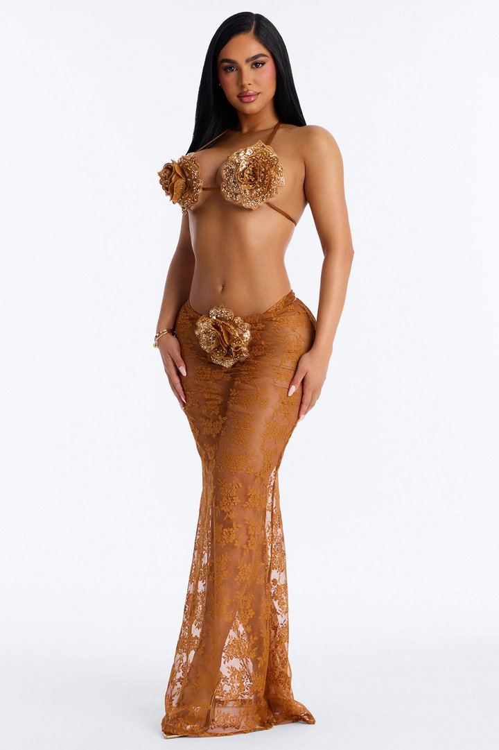 Flower Fever Sequin Applique 3 Piece Bikini Skirt Set - Brown