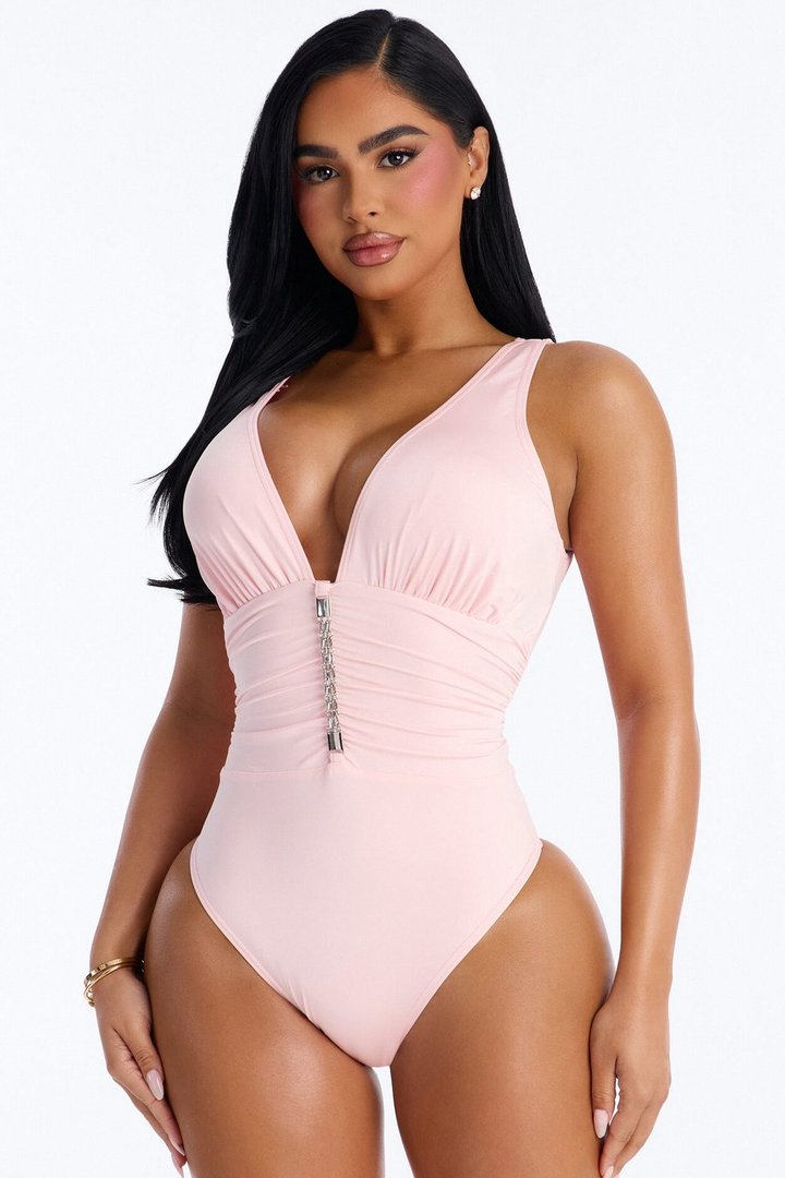 Shore Walks Ruching Hardware 1 Piece Swimsuit - Light Pink