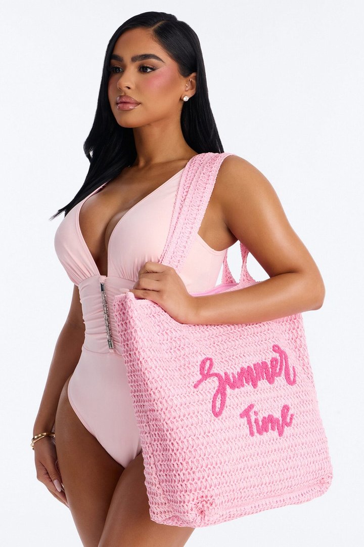 Summer Time Straw Tote And Wristlet - Pink