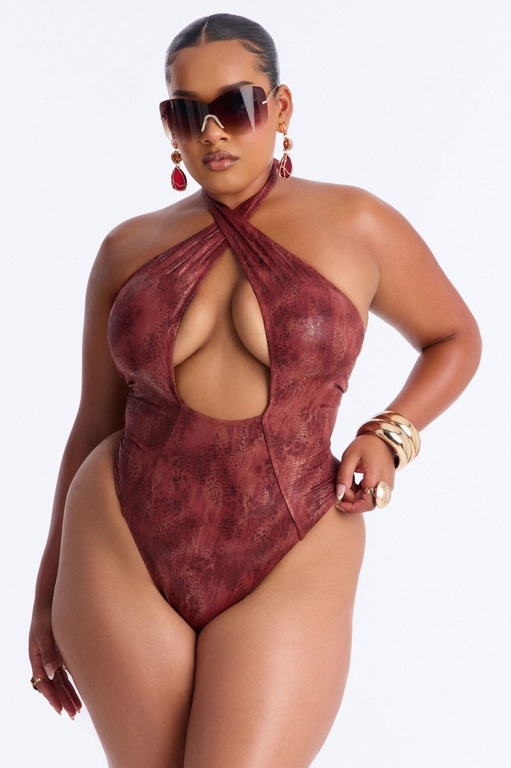 Keep Me Close Halter Neck 1 Piece Swimsuit - Brown/combo