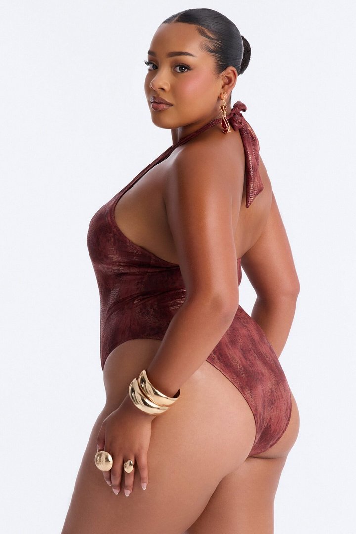 Keep Me Close Halter Neck 1 Piece Swimsuit - Brown/combo