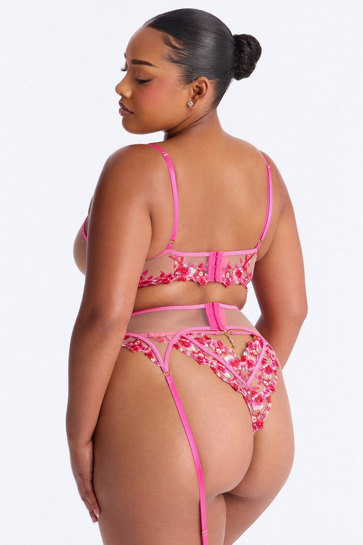 Amara Mesh Embroidered 3 Piece Bra And Panty Garter Set - Fuchsia