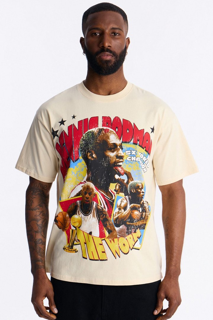 Dennis Rodman World Champ Heavy Weight Oversized Short Sleeve Tee - Cream