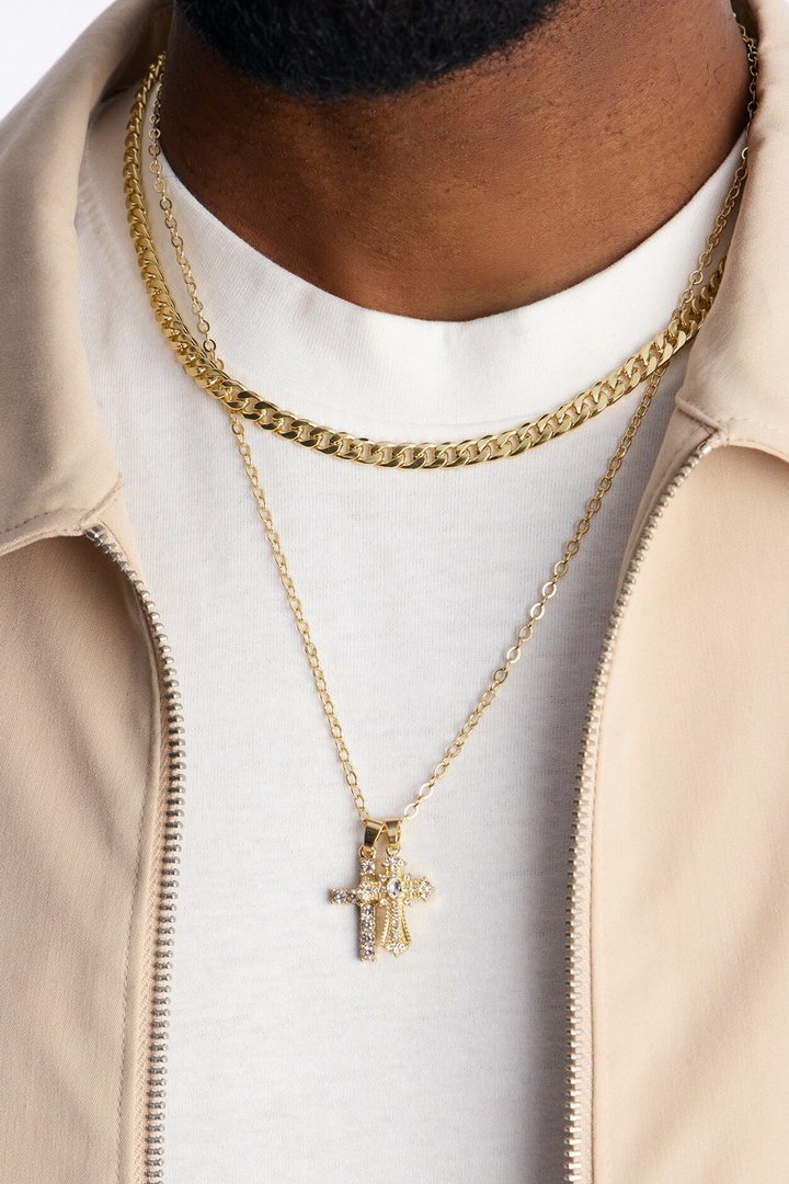 Double Crossed Chain Necklace Set - Gold