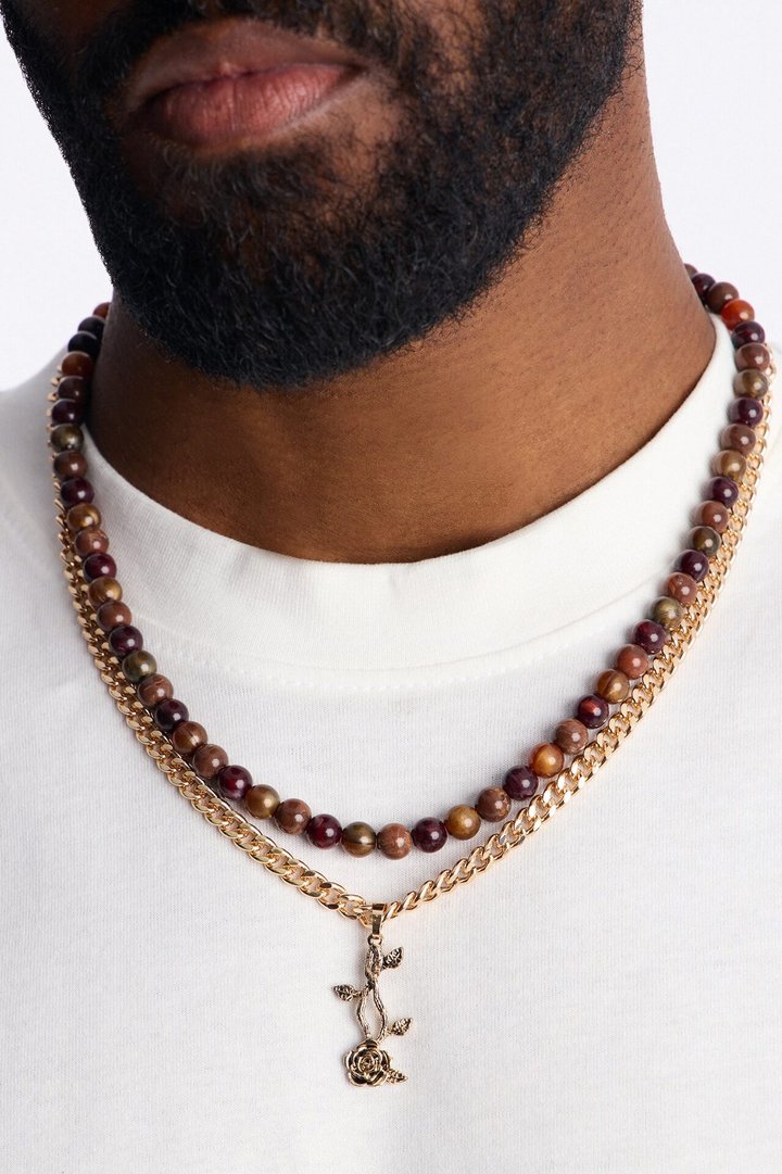 Layered Cuban Rose And Beaded Necklace Set - Gold/combo