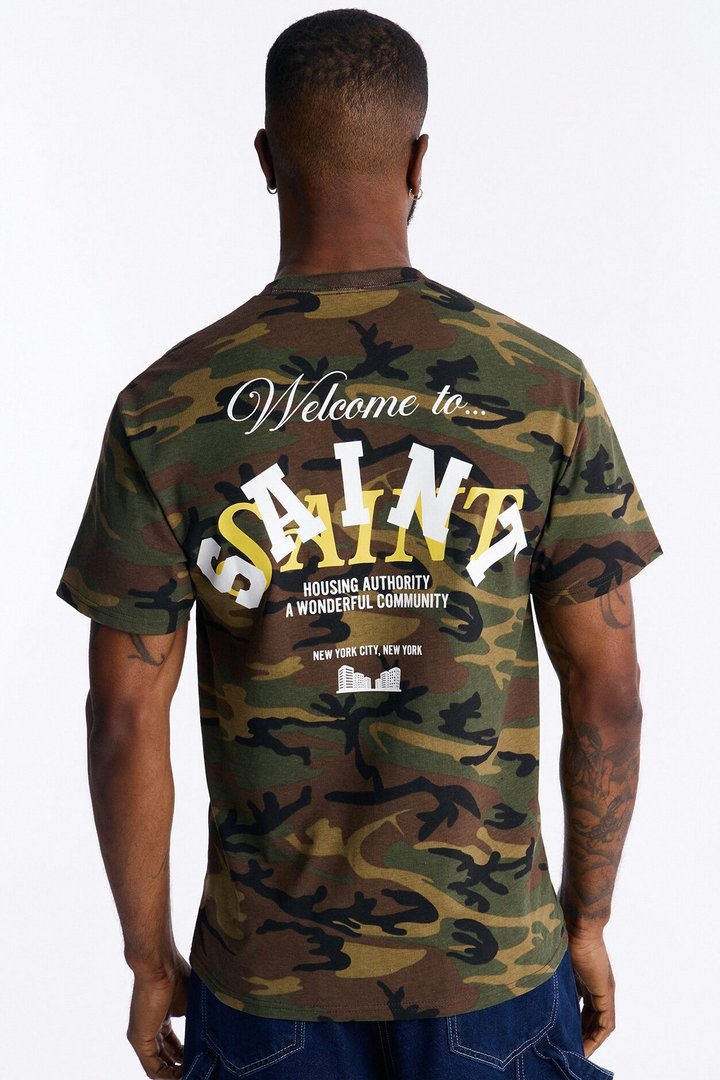 Welcome To Saint Authority Oversized Short Sleeve Tee - Camouflage