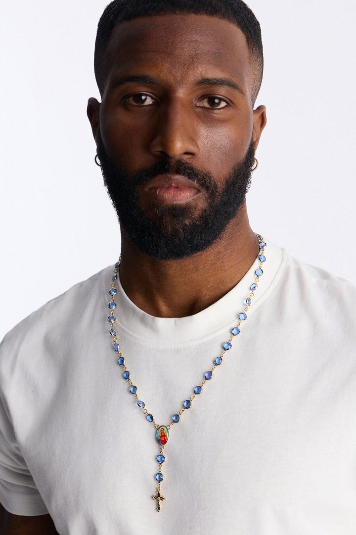 Blue Stone Rosary Necklace - Gold