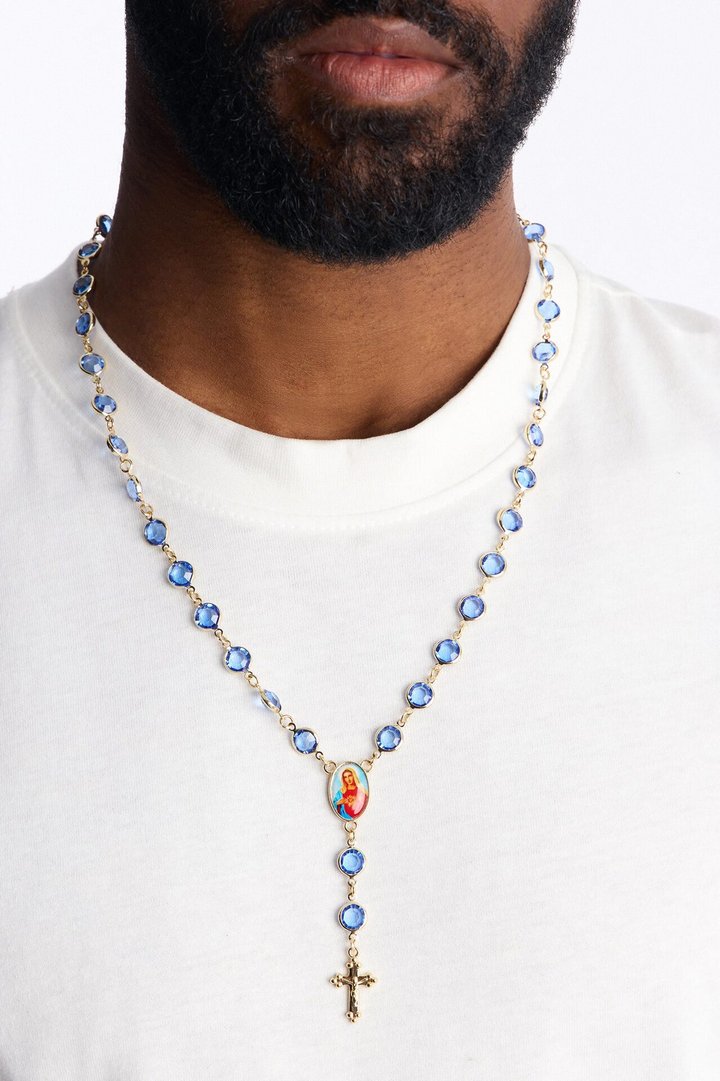 Blue Stone Rosary Necklace - Gold