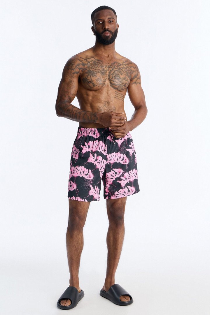 Blessed Street Graffiti Printed Swim Trunk 7″ - Black/Pink