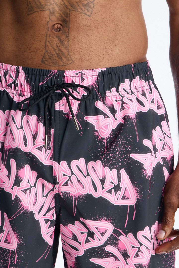 Blessed Street Graffiti Printed Swim Trunk 7″ - Black/Pink
