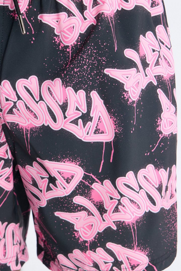 Blessed Street Graffiti Printed Swim Trunk 7″ - Black/Pink