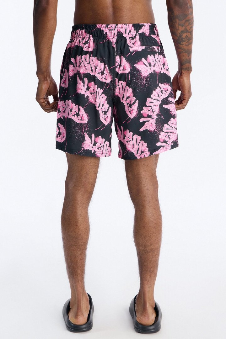 Blessed Street Graffiti Printed Swim Trunk 7″ - Black/Pink