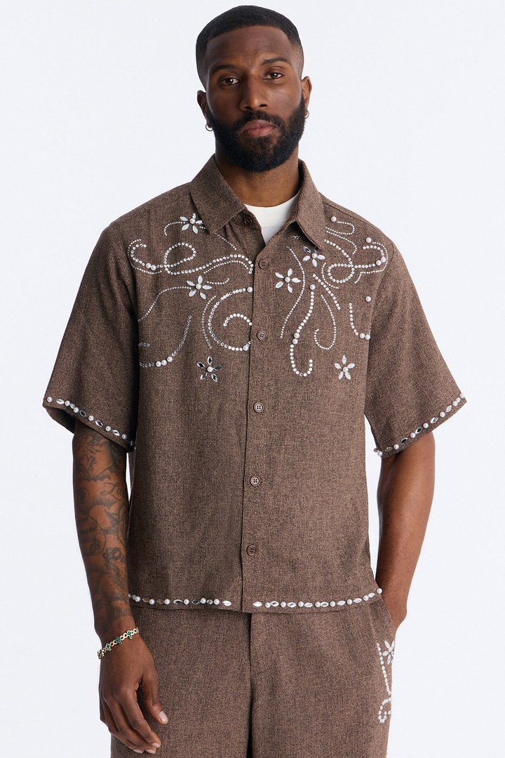 Cropped Wanderlust Pearl Journey Button Up - Brown