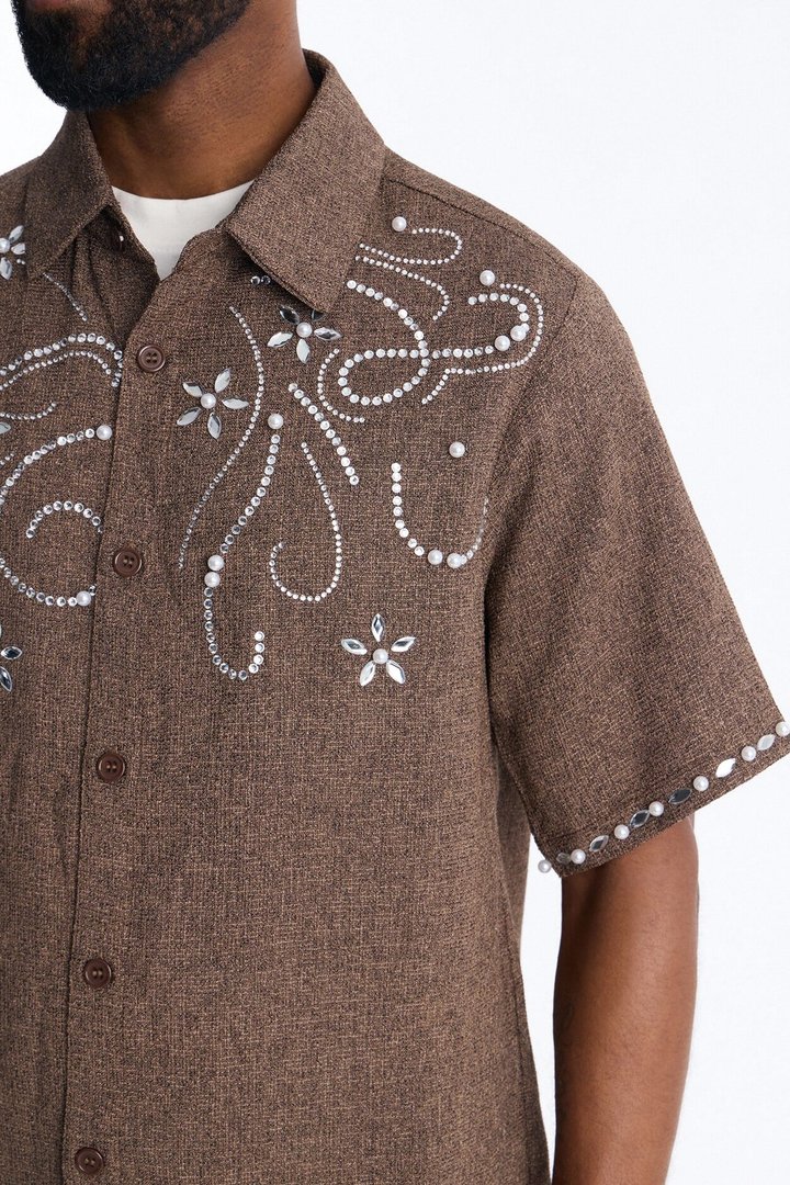 Cropped Wanderlust Pearl Journey Button Up - Brown