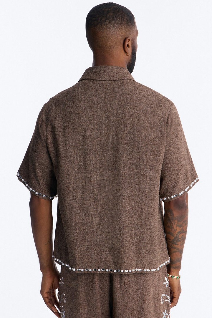 Cropped Wanderlust Pearl Journey Button Up - Brown