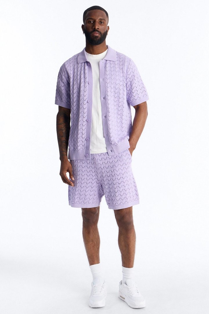 Waterfall Texture Open Knit Shorts - Lavender