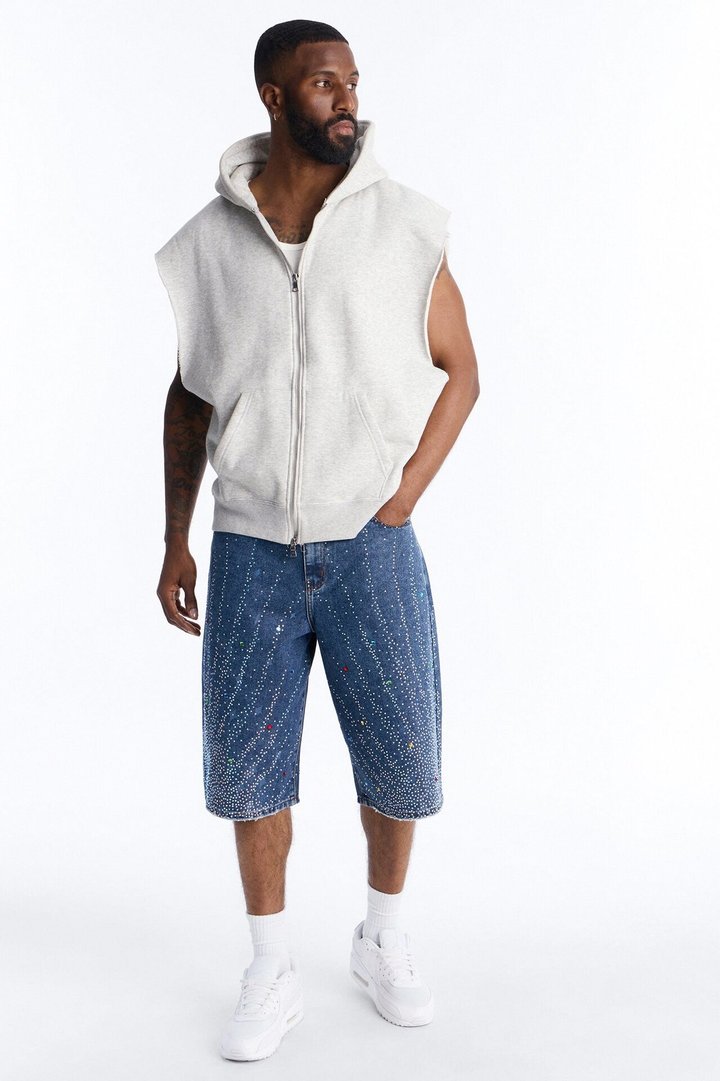 Baggy Cascade Jeweled Denim Shorts - Dark Wash