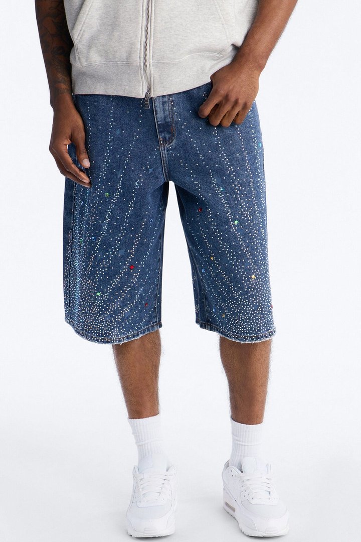 Baggy Cascade Jeweled Denim Shorts - Dark Wash