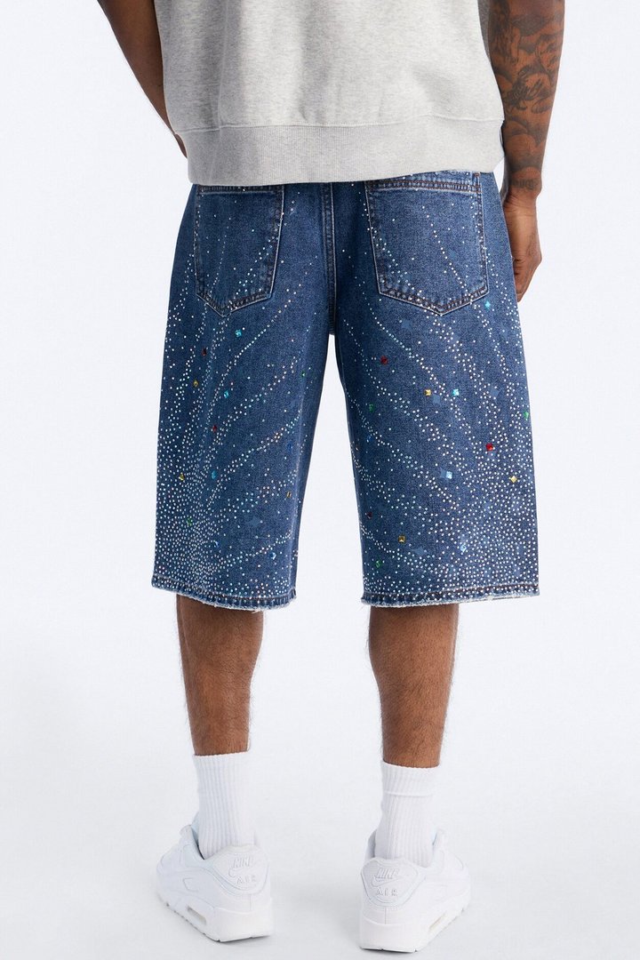Baggy Cascade Jeweled Denim Shorts - Dark Wash