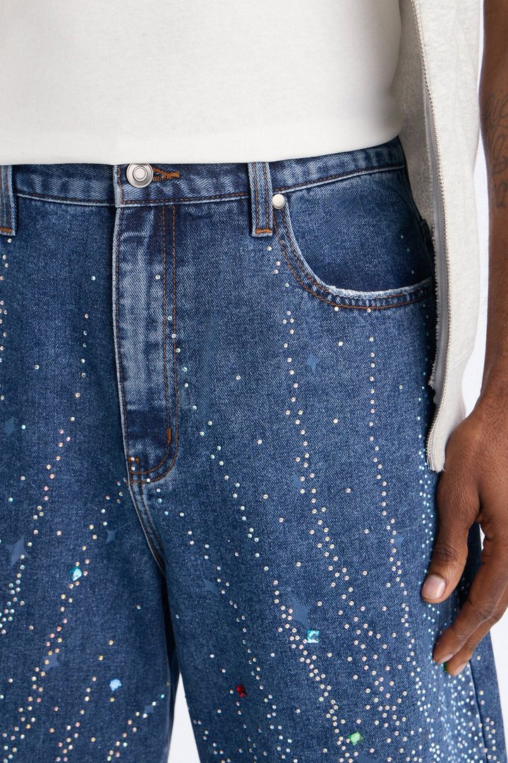 Baggy Cascade Jeweled Denim Shorts - Dark Wash